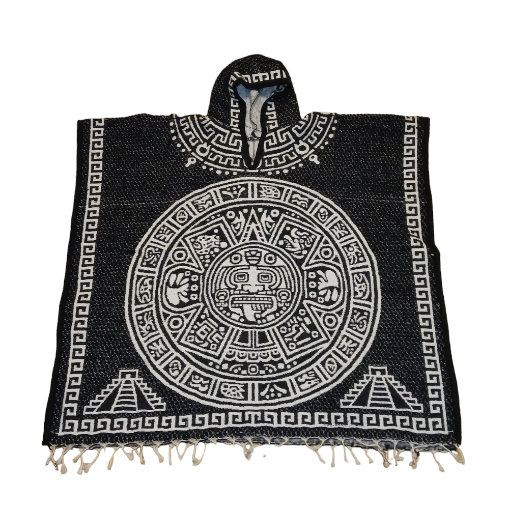 Mexican Poncho with National Emblem and Aztec Calendar Design | Black